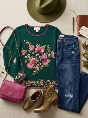 Vintage Candor Embroidered Floral Sweater Small Green Ramie Cotton Scalloped